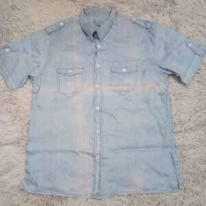 Martin Gordon Mens‎ Shirt Blue L Linen Button Up Pockets Casual Comfort